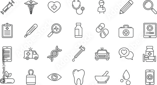 A collection of medical icons and symbols for healthcare and wellness professionals