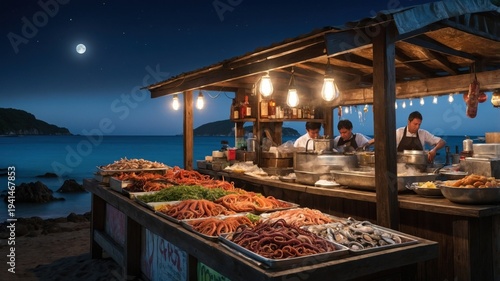 Nighttime seafood market by the beach with chefs preparing dishes under moonlight and string lights