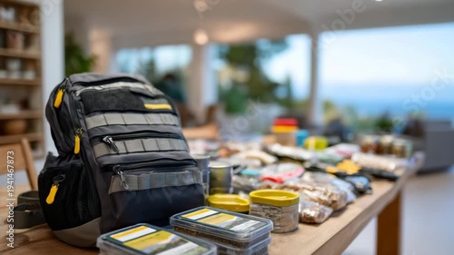 4Close-up of emergency preparedness backpack, crisis supplies spread across living room table, medical kit, food rations, tools, home safety readiness theme