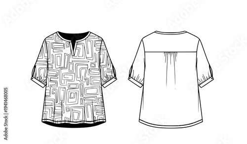 Lady Blouse Vector Pattern Template Black and White Fashion Flat Illustration