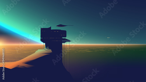 Futuristic sci-fi vector landscape with spaceship approaching alien planet station silhouette.
