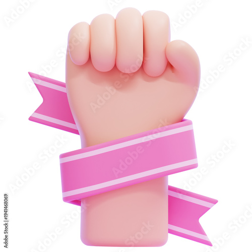Powerful 3D rendered illustration of a raised clenched fist wrapped in a flowing pink ribbon, symbolizing empowerment, strength, and solidarity for social causes and awareness