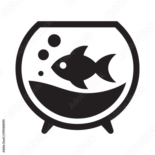Simple black and white illustration of a fish swimming in its bowl