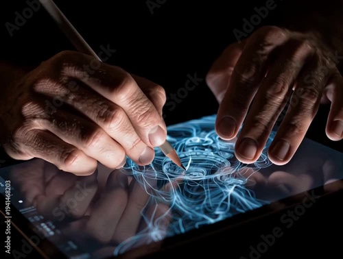 The artist's hands meticulously draw on a digital tablet, bringing life to a brilliant ethereal design, as an innovative concept is brought to life through artistry.
