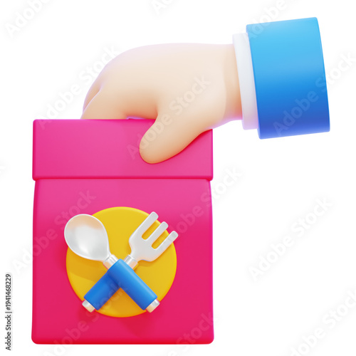 3D illustration of a hand holding a pink food delivery bag with a fork and spoon icon, representing takeout and meal services