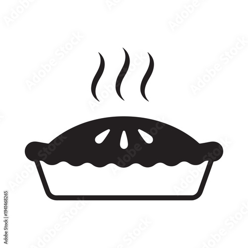 A simple black and white illustration of a freshly baked pie with steam