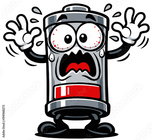 A chaotic low-battery character expressing panic and exhaustion. The exaggerated meme expression makes the design relatable for anyone feeling drained or overwhelmed.