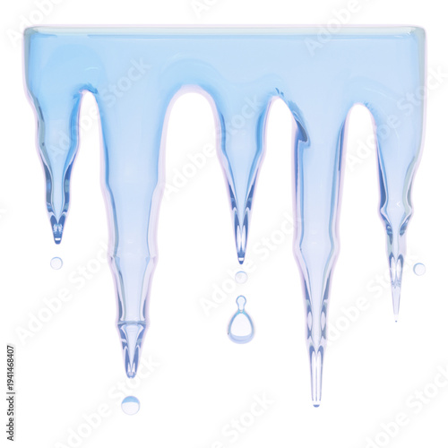 Captivating 3D render of glistening blue icicles with delicate water drops, showcasing the beautiful clarity and frosty elegance of frozen water, perfect for winter themes