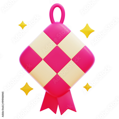 Vibrant 3D illustration of a traditional festive rice dumpling, intricately woven in pink and white, adorned with sparkling elements, perfect for celebrating cultural holidays and joyful occasions