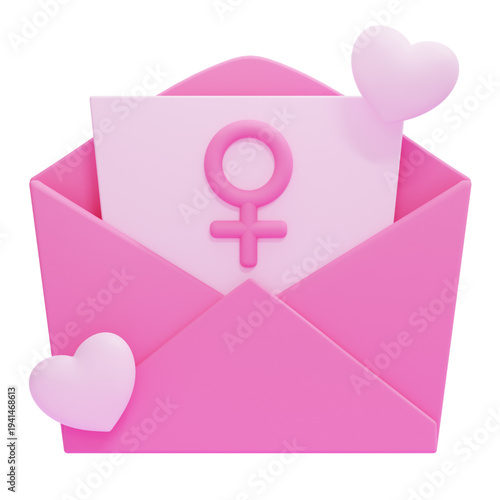 Vibrant 3D rendered pink envelope icon featuring a prominent female gender symbol and charming hearts, symbolizing women's messages, love, and identity in a modern digital graphic style