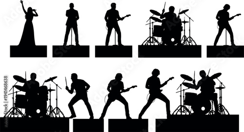 Rock band musician silhouettes collection including singer, guitarist and drummer performing on stage isolated on white background, live music concert performance vector illustration set