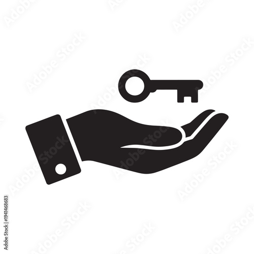 A black silhouette of a hand offering a silver key above it
