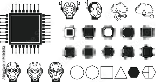 Collection of electronic microchip hardware icons and robotic cyborg head silhouettes for artificial intelligence and cloud computing technology design elements,