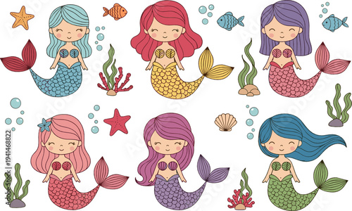 Cute mermaid characters vector set with colorful underwater princess girls, sea creatures, coral, shells and starfish cartoon collection for kids illustration