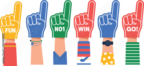 Set Of Colorful Foam Fingers For Sports Fans Featuring Fun Messages Like Win And Go In Vector Style