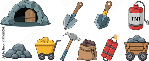Set Of Mining Equipment And Resources Including Gold Carts TNT Dynamite Pickaxes And Rocks For Game Asset Design