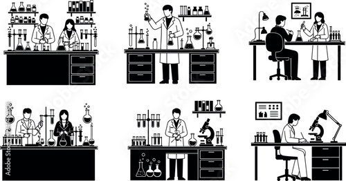 Scientists working in laboratory silhouette collection with researchers conducting experiments, using microscope and chemical glassware in science lab research scenes isolated on white background