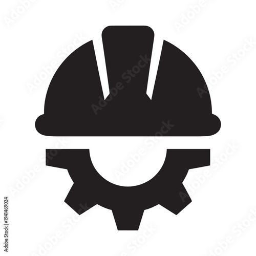 A simple black silhouette depicting a construction helmet with gear teeth