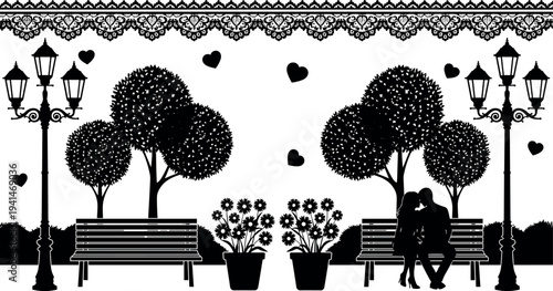 Romantic park scene silhouette with couple sitting on bench, street lamps, trees, flowers and hearts, decorative lace border isolated on white background illustration