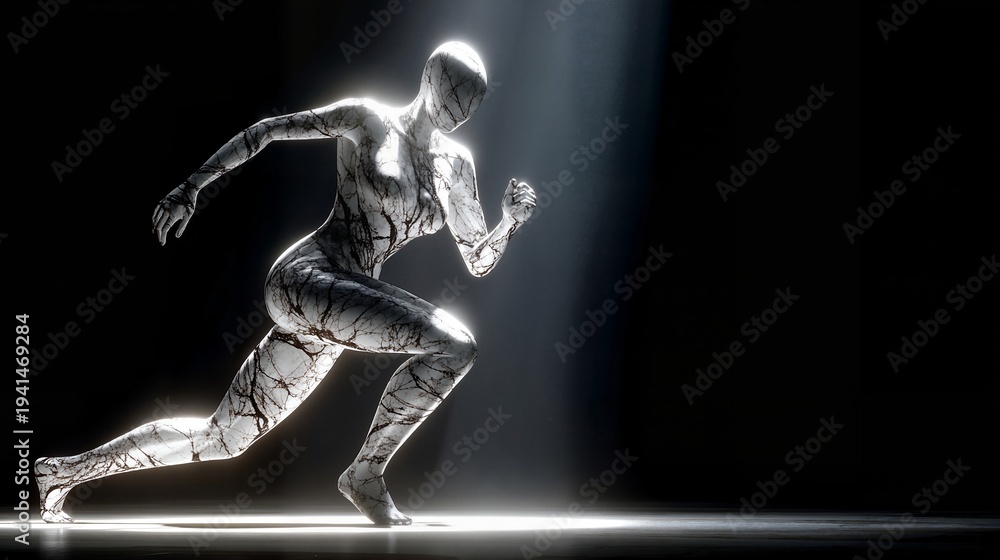Obraz premium A marble-textured humanoid figure in motion, illuminated by a dramatic spotlight against a dark background, evoking strength and transformation.