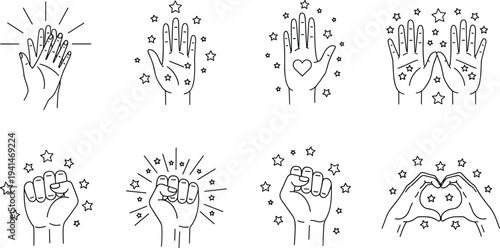 Collection of hand gesture icons featuring high five open palms fists and heart shapes with stars and light rays, cad drawing flat vector illustration