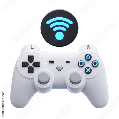 3D Rendered Image of a Wireless Gaming Controller with a Wi-Fi Symbol Emblem, Representing Connectivity and Gaming
