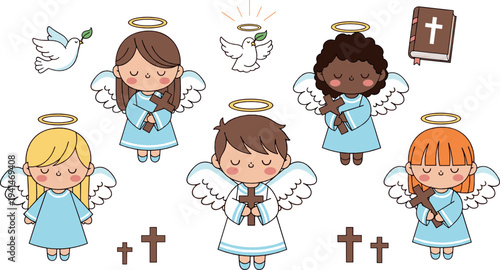 Cute praying angels vector set with halo, wings, crosses and bible cartoon religious illustration collection