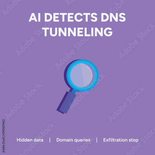 Cybersecurity graphic illustrating AI detection of DNS tunneling with magnifying glass and key terms in a modern vector design for digital security concepts