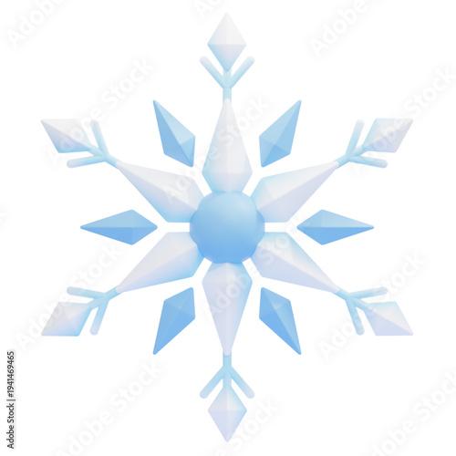 A stunning 3D rendering of a delicate, crystalline snowflake with shimmering blue and white facets, perfect for winter themes and festive designs