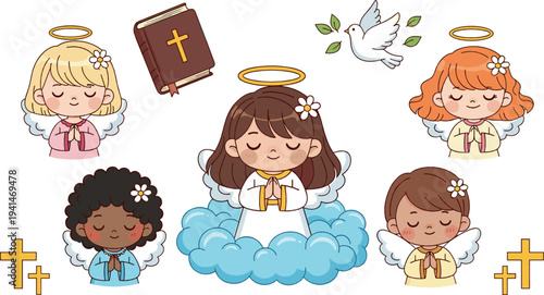 Cute praying angels vector set with halo, wings, crosses, bible and dove cartoon religious illustration collection