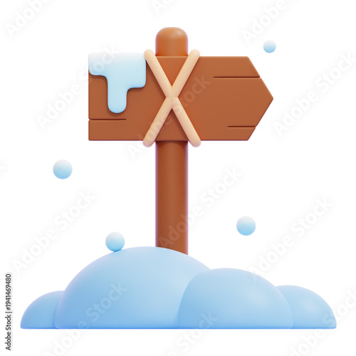Wooden directional signpost in snow with soft blue bokeh background, 3D rendered illustration for winter season