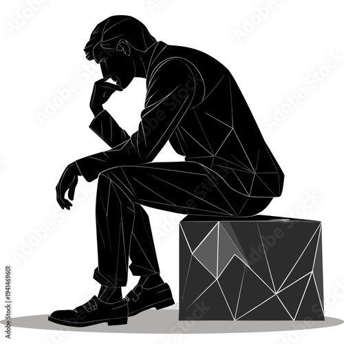 minimalist melancholic man silhouette contemplative thinker vector icon