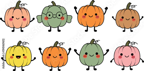 Cute pumpkin characters vector set with smiling squash mascots colorful autumn harvest cartoon illustration collection for fall design