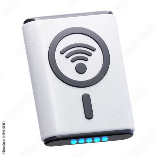 3D illustration of a white and black wireless router with a Wi-Fi signal icon on top and blue indicator lights below