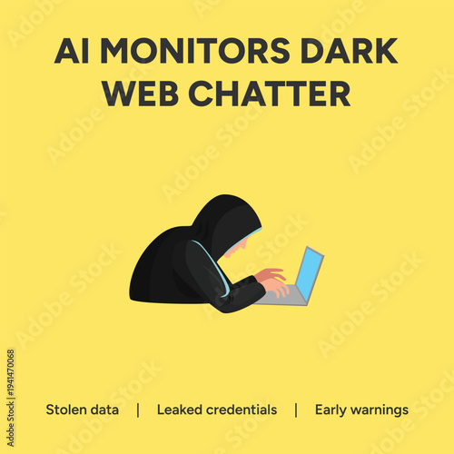 Woman in hijab working on laptop related to dark web monitoring and cybersecurity threats with AI technology for stolen data and leaked credentials