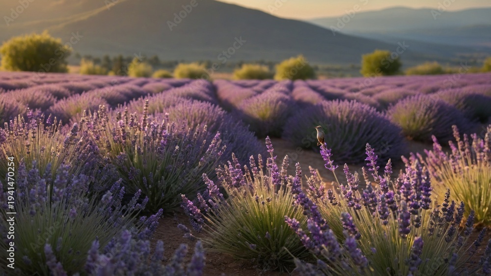 Obraz premium Breathtaking lavender field in full bloom at sunset, with mountains in the background