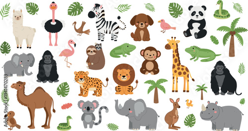 Cute Safari Jungle Animals Collection with Elephant, Giraffe, Lion, Panda and Tropical Wildlife Vector Illustration Set