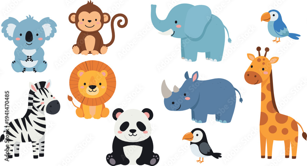 Fototapeta premium Cute Safari Zoo Animals Collection with Lion, Elephant, Giraffe, Zebra and Panda Cartoon Vector Illustration Set