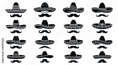 Mexican Sombrero Hat and Mustache Silhouette Icon Set Vector Illustration