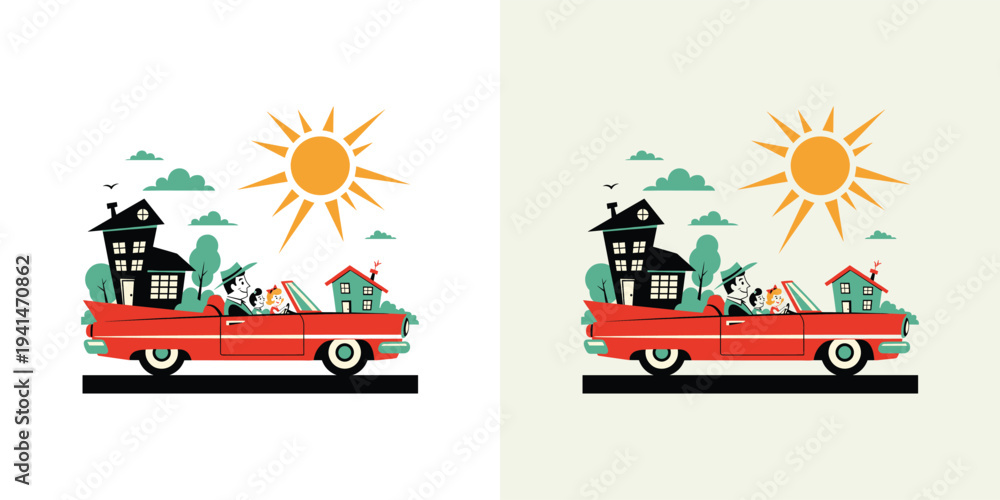 Naklejka premium Sunny journey illustration A classic red convertible car packed with whimsical houses and trees, symbolizing joyful relocation, new beginnings, or a delightful summer road trip