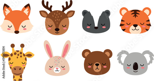 Cute sleeping animal faces vector set with fox, deer, tiger, giraffe, rabbit, bear and koala cartoon illustration