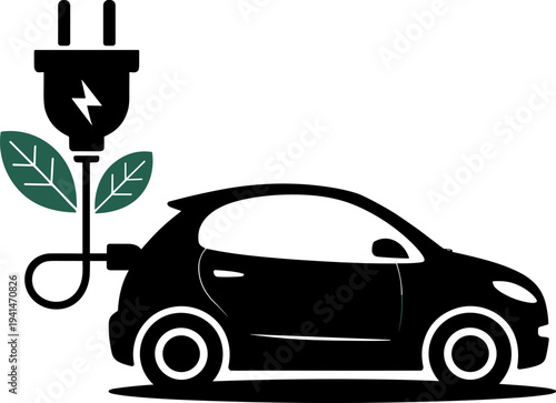 Eco car concept illustration of an electric car with a plant symbol representing eco friendly transportation