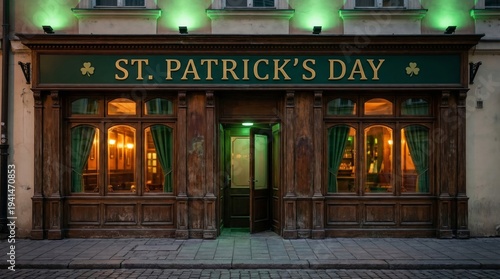 Traditional Irish pub exterior decorated for St. Patrick's Day with green signage and festive lighting, cultural celebration, welcoming venue, St. Patrick's Day.
