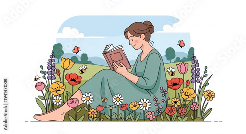 Woman reading book sitting in colorful flower field on sunny day with butterflies