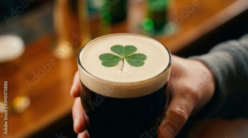 Hand holding pint of stout beer with shamrock on foam, festive St. Patrick's Day tradition, Irish pub celebration, iconic Irish drink.