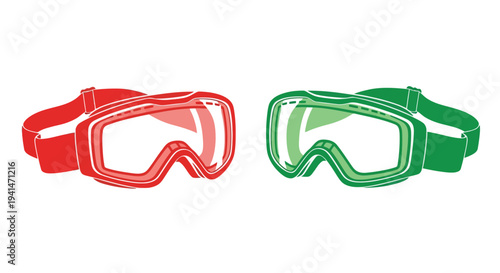 Red and green ski goggles shown in a side by side illustration