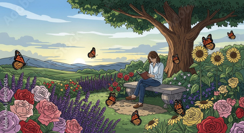 Woman sitting under tree reading book surrounded by colorful flowers and butterflies in serene garden landscape