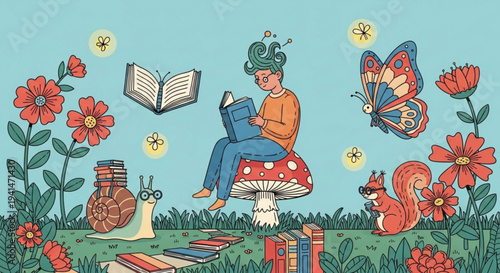Whimsical illustration of a woman reading on a mushroom surrounded by books flowers and wildlife in a serene garden setting with a snail squirrel and butterfly