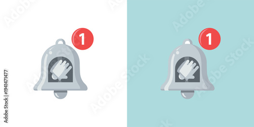 Illustration of a silver notification bell with a red alert bubble showing '1', featuring an inside hand gesture signaling a request or new interaction