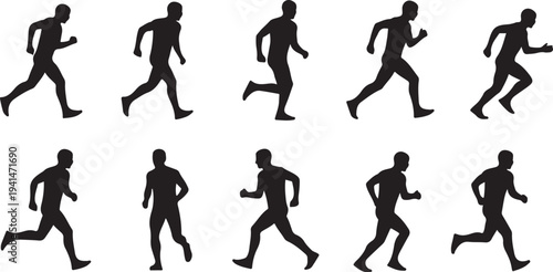 Silhouettes of people running in various dynamic poses sequence